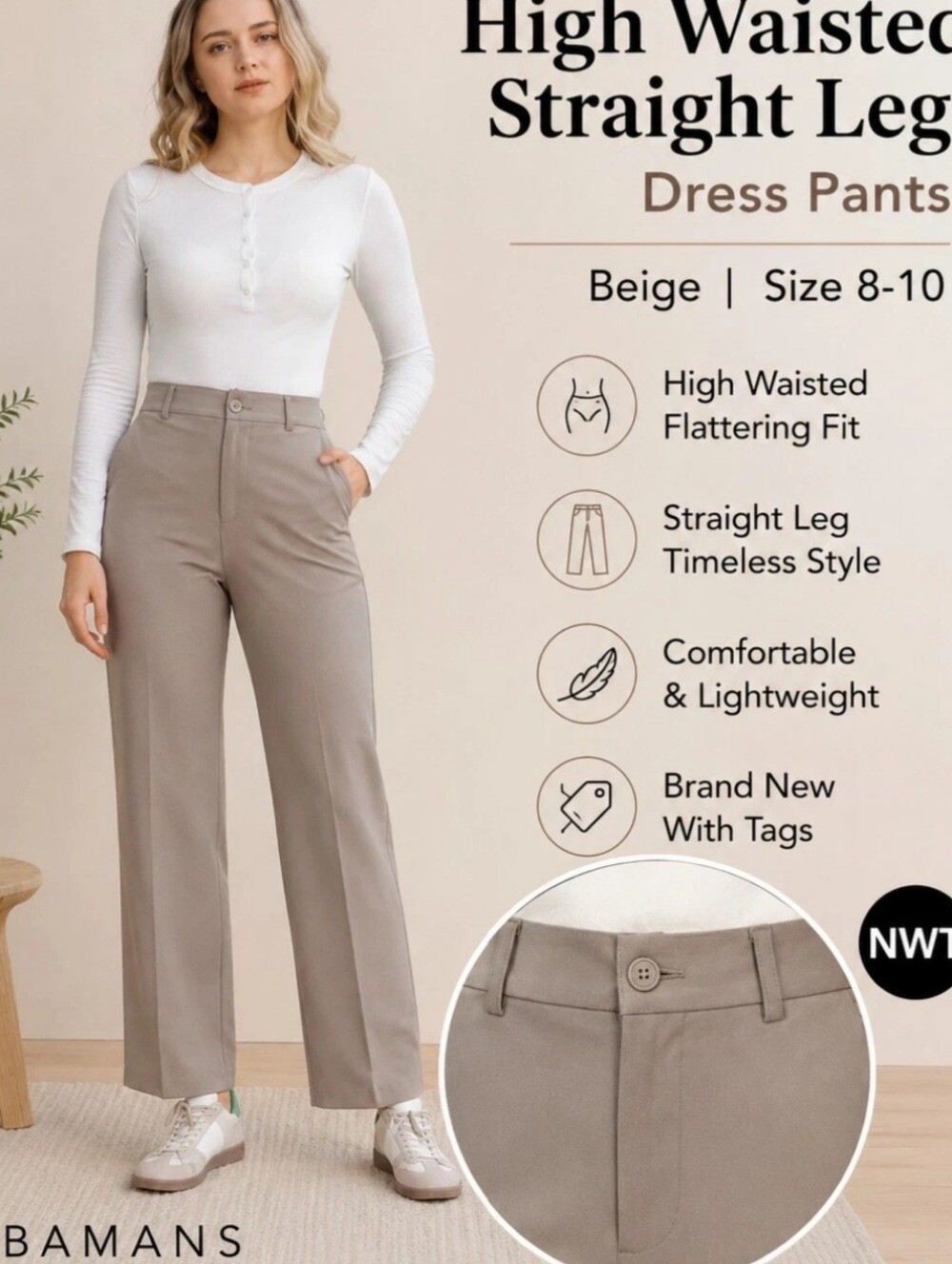 BAMANS High Waisted Straight Leg Dress Pants Beige Size 8-10 NWT Office Career